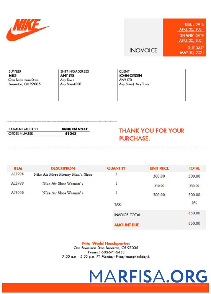 Printable USA Nike invoice download for verification